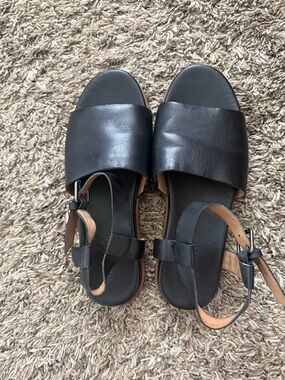 Madewell Black Leather Slide Sandals with Tan Accents